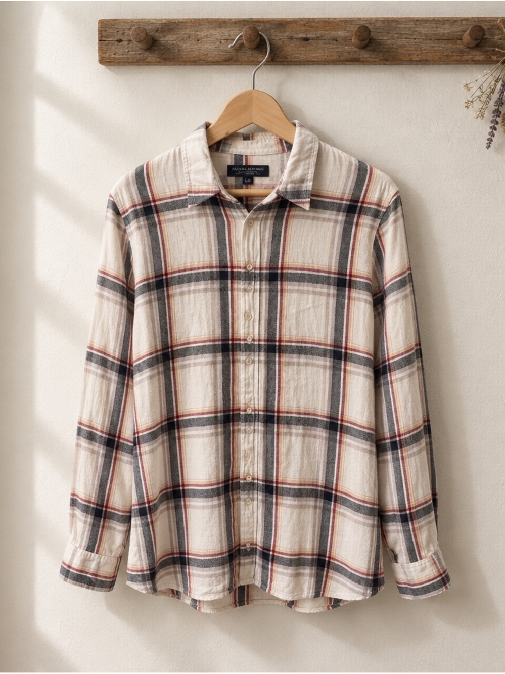 Banana Republic Cream Plaid Button-Down Shirt with Navy and Rust Stripes
